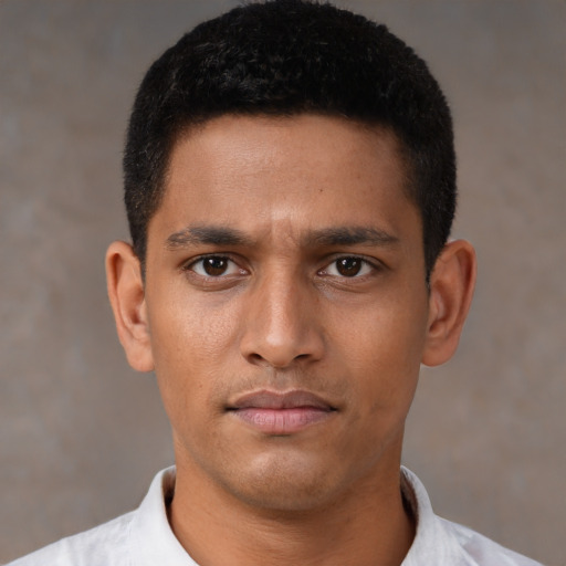 Neutral black young-adult male with short  black hair and brown eyes