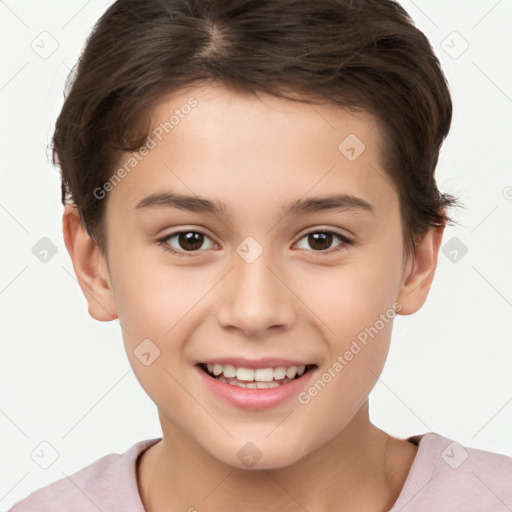 Joyful white child female with short  brown hair and brown eyes