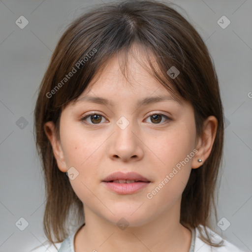 Neutral white young-adult female with medium  brown hair and brown eyes