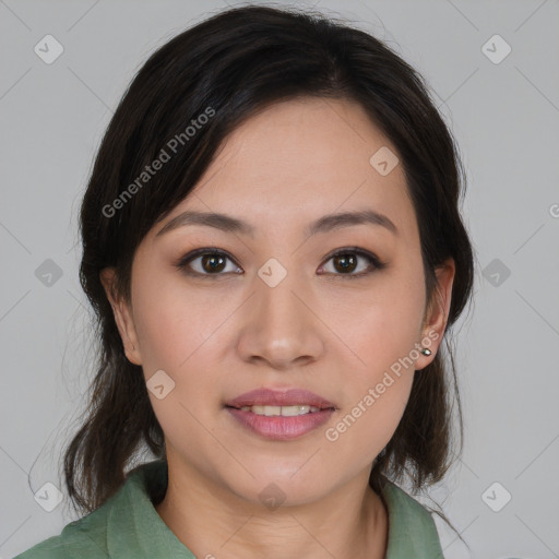 Joyful asian young-adult female with medium  brown hair and brown eyes