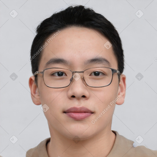 Neutral asian young-adult male with short  black hair and brown eyes