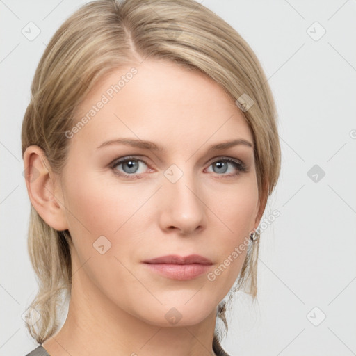 Neutral white young-adult female with medium  brown hair and grey eyes