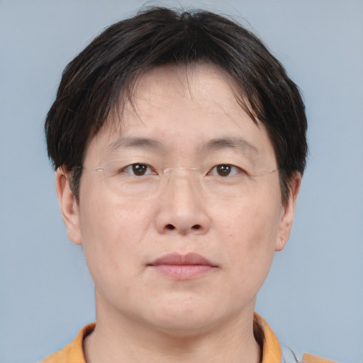 Neutral asian adult male with short  brown hair and brown eyes