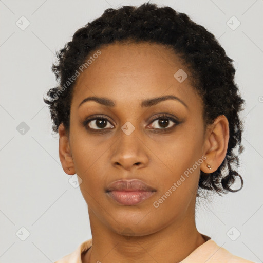 Neutral black young-adult female with short  black hair and brown eyes