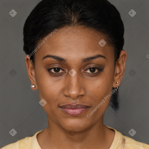 Joyful latino young-adult female with short  brown hair and brown eyes