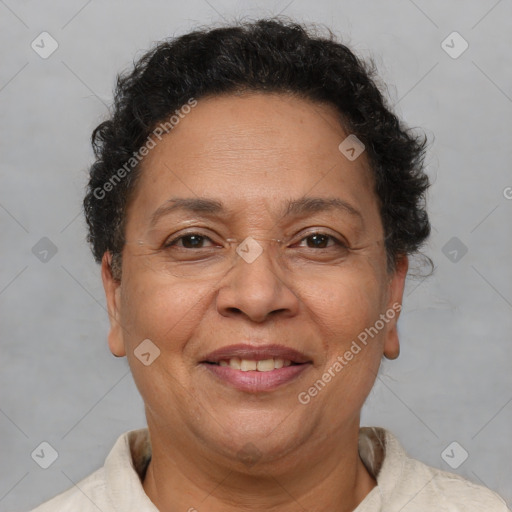 Joyful white adult female with short  brown hair and brown eyes