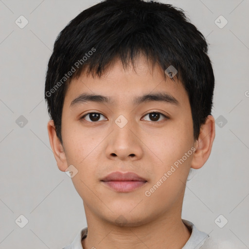 Neutral asian young-adult male with short  black hair and brown eyes