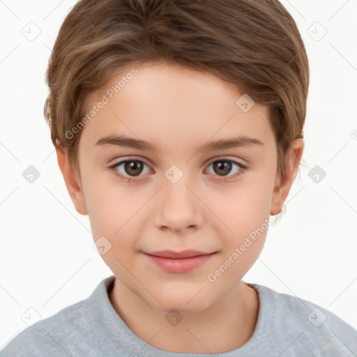 Joyful white child female with short  brown hair and brown eyes