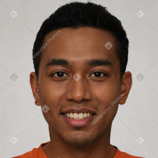 Joyful latino young-adult male with short  black hair and brown eyes