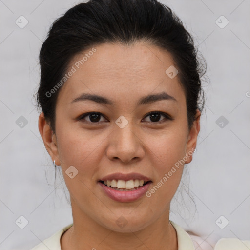 Joyful asian young-adult female with short  brown hair and brown eyes