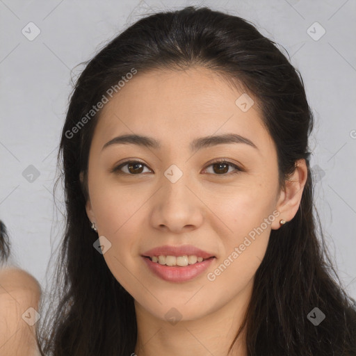 Joyful white young-adult female with long  brown hair and brown eyes