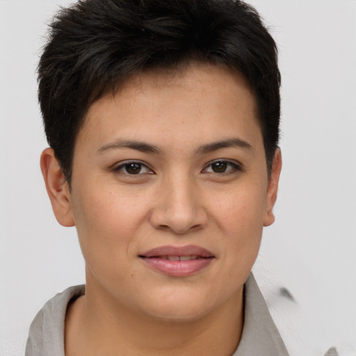 Joyful asian young-adult female with short  brown hair and brown eyes