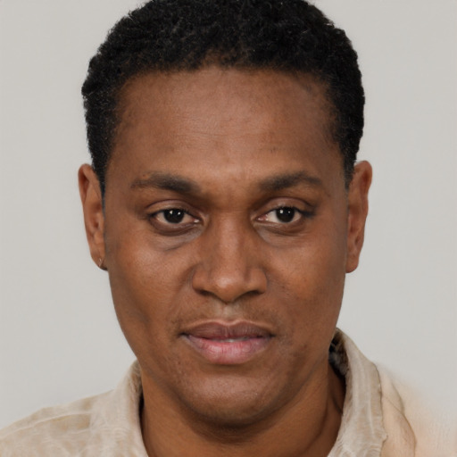 Neutral black adult male with short  black hair and brown eyes