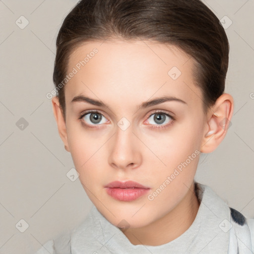 Neutral white young-adult female with medium  brown hair and brown eyes