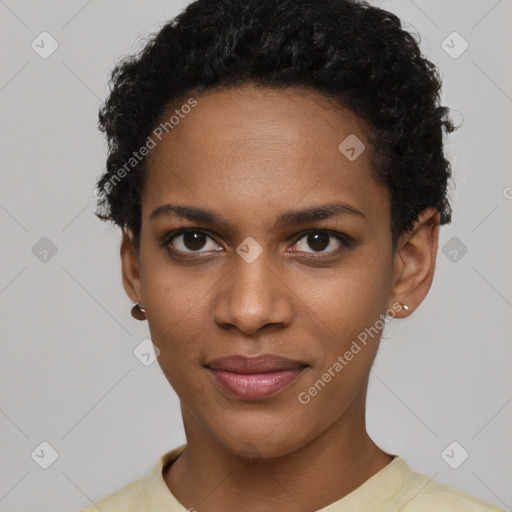 Joyful black young-adult female with short  black hair and brown eyes