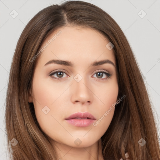 Neutral white young-adult female with long  brown hair and brown eyes