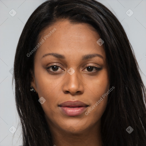 Joyful asian young-adult female with long  brown hair and brown eyes