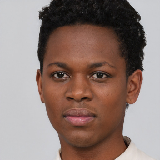 Neutral black young-adult female with short  black hair and brown eyes