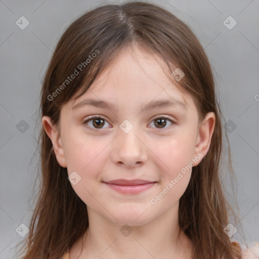 Joyful white child female with medium  brown hair and brown eyes