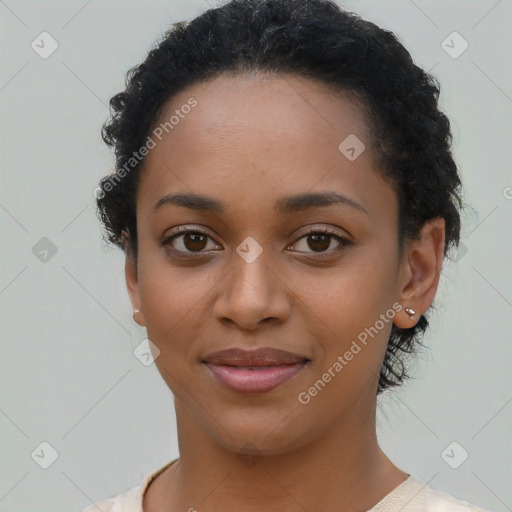 Joyful latino young-adult female with short  black hair and brown eyes