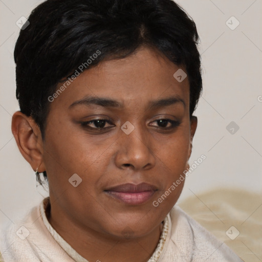 Neutral black young-adult female with short  brown hair and brown eyes