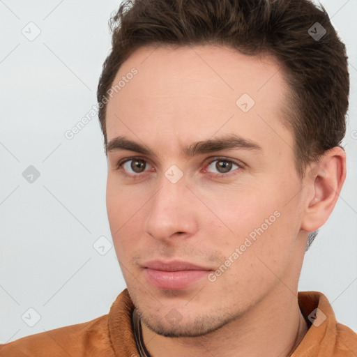 Neutral white young-adult male with short  brown hair and brown eyes