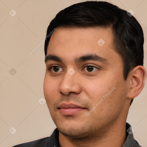 Neutral white young-adult male with short  black hair and brown eyes