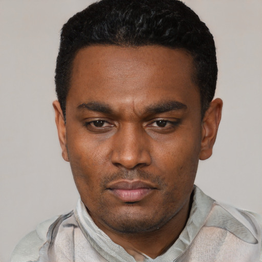 Neutral black young-adult male with short  black hair and brown eyes