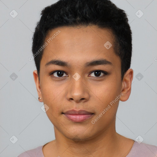 Joyful latino young-adult male with short  black hair and brown eyes