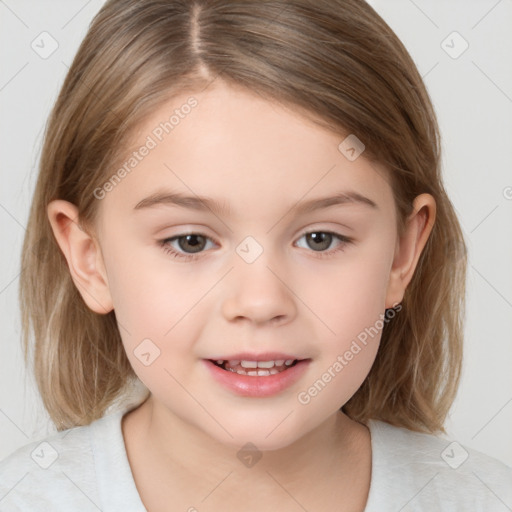 Joyful white child female with medium  brown hair and brown eyes