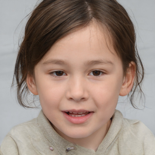 Joyful white child female with medium  brown hair and brown eyes