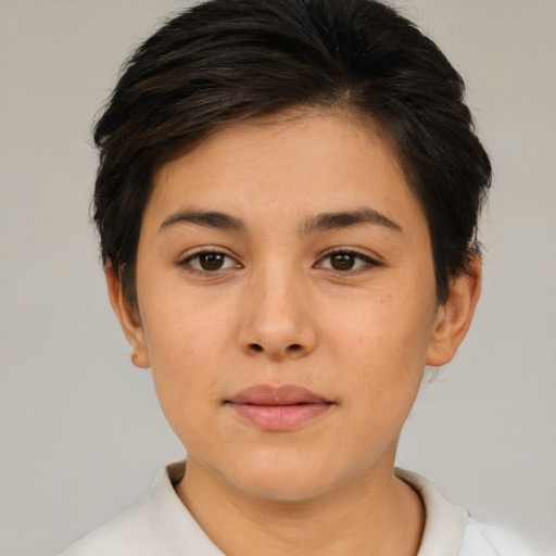 Neutral asian young-adult female with short  brown hair and brown eyes