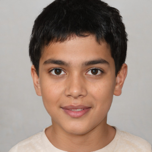 Joyful latino young-adult male with short  brown hair and brown eyes