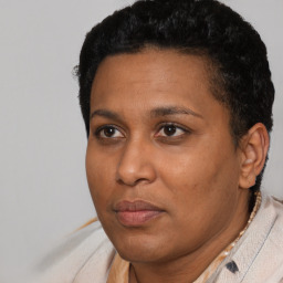 Neutral black young-adult female with short  black hair and brown eyes