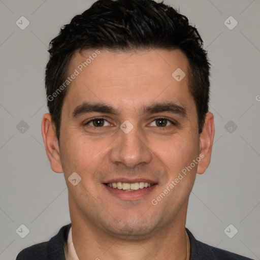 Joyful white young-adult male with short  black hair and brown eyes