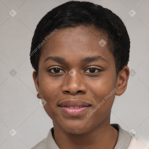 Joyful black young-adult female with short  black hair and brown eyes