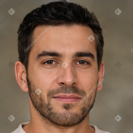 Joyful white young-adult male with short  brown hair and brown eyes