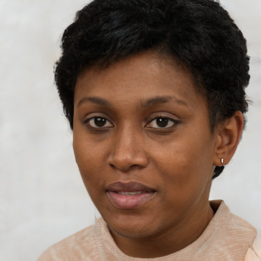 Neutral black young-adult female with short  brown hair and brown eyes