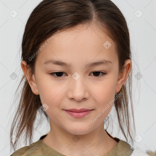 Joyful white child female with medium  brown hair and brown eyes