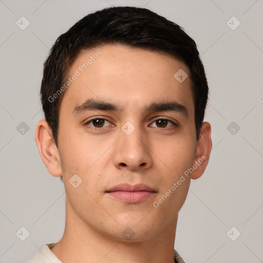 Neutral white young-adult male with short  brown hair and brown eyes