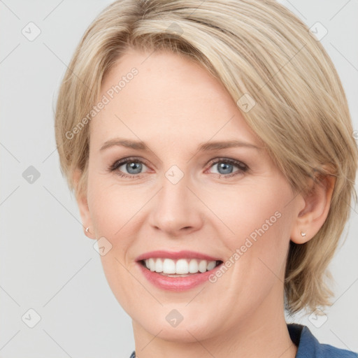 Joyful white young-adult female with medium  brown hair and blue eyes