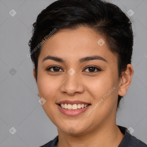 Joyful white young-adult female with short  brown hair and brown eyes