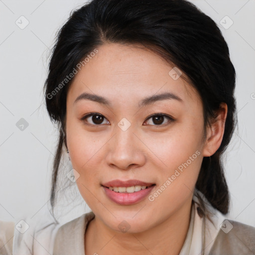 Joyful white young-adult female with medium  brown hair and brown eyes