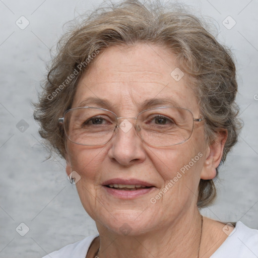 Joyful white middle-aged female with medium  brown hair and brown eyes