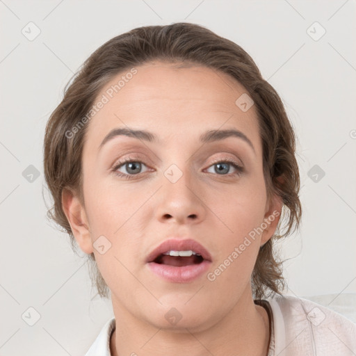 Neutral white young-adult female with medium  brown hair and grey eyes