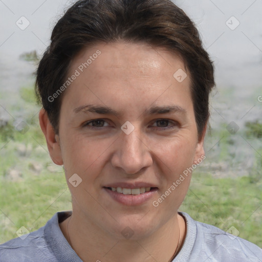 Joyful white adult female with short  brown hair and brown eyes