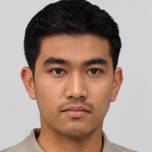 Neutral asian young-adult male with short  black hair and brown eyes