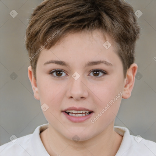 Joyful white child male with short  brown hair and brown eyes