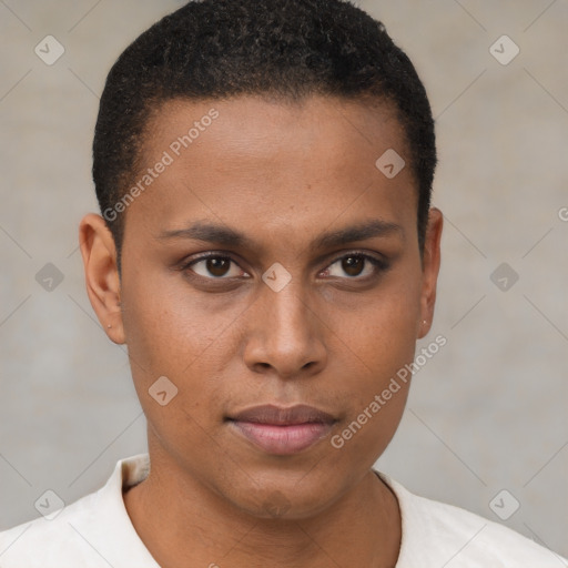 Neutral black young-adult male with short  brown hair and brown eyes