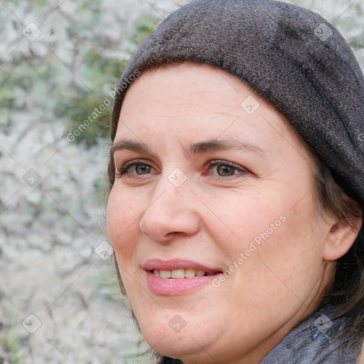 Joyful white adult female with short  brown hair and grey eyes